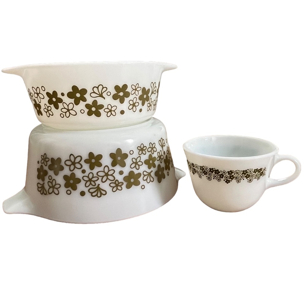 PYREX LOT Spring Blossom 472-B + 474-B + Teacup USA Ovenware Vintage Kitchen